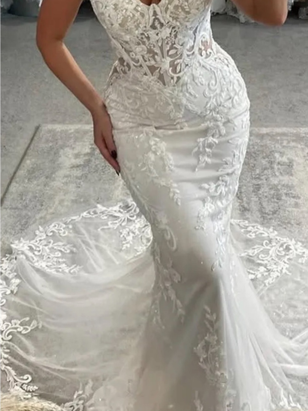 Lace Appliqué Mermaid Wedding Gown in Ivory. NEVER WORN, brought for my wedding.